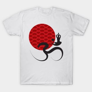 Red Scallop Sun Yoga and Om Black Calligraphy T-Shirt